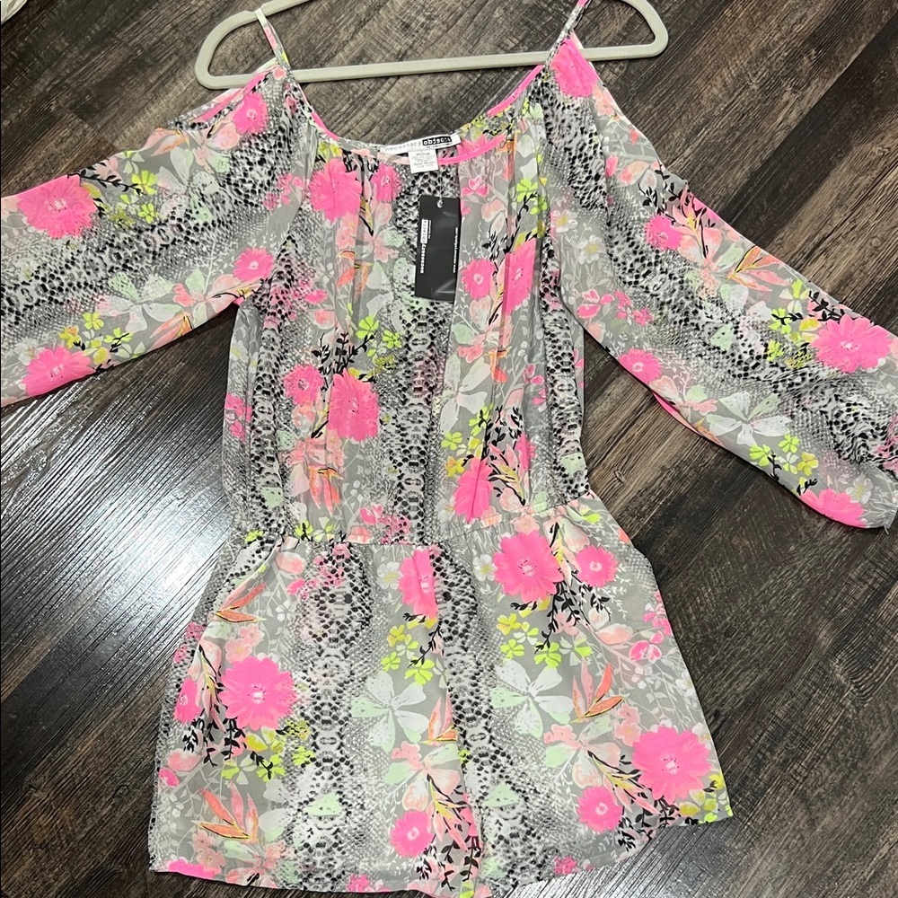 Necessary Objects Gray Dress with Pink Floral Accents